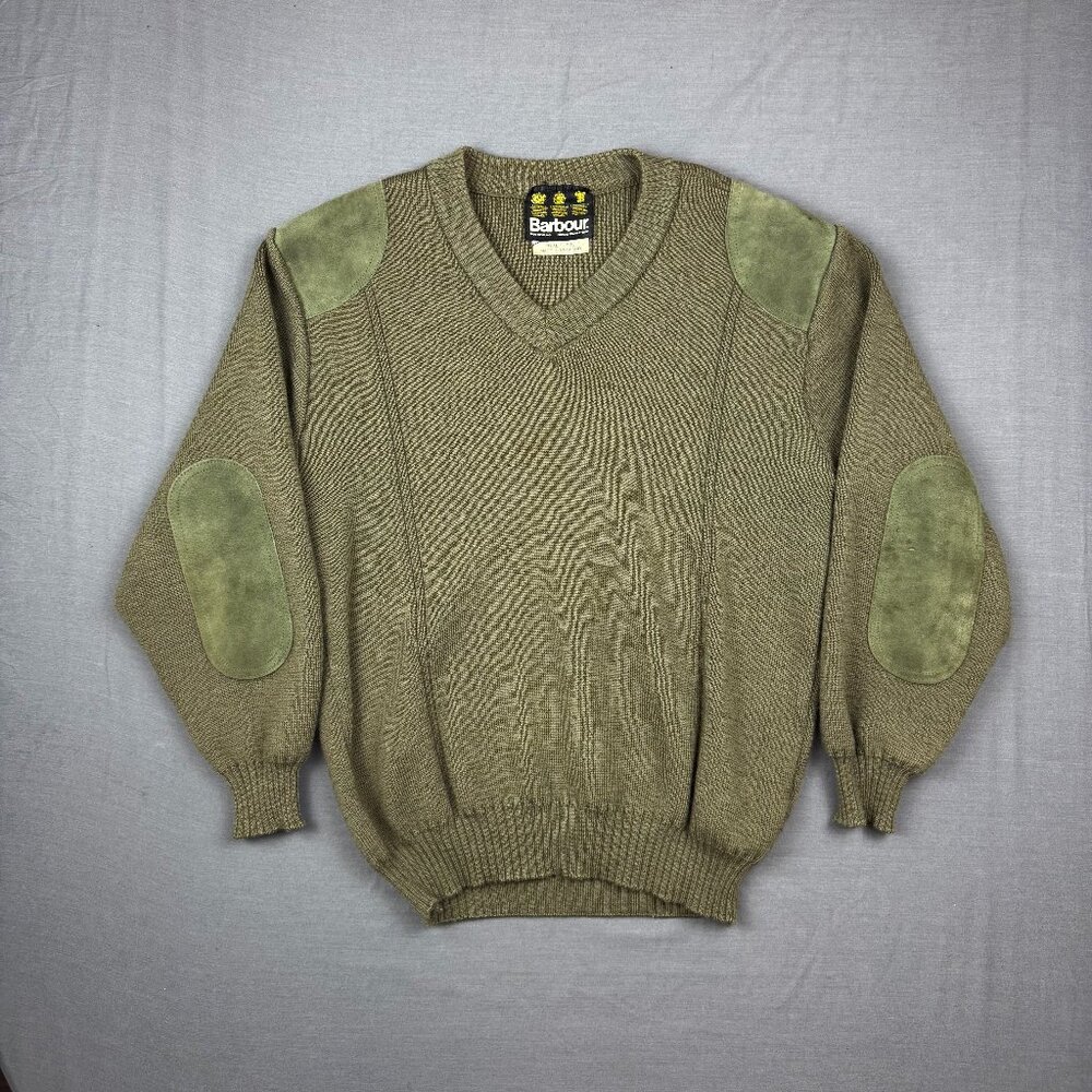 Vintage Barbour Sweater Mens Small Green Sporting Rib Elbow Pad Suede Trim Wool